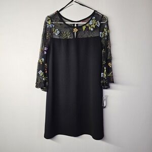 AGB Floral Dress Womens 12 Embroidered 3/4 Bell Sleeve Black Midi NWT